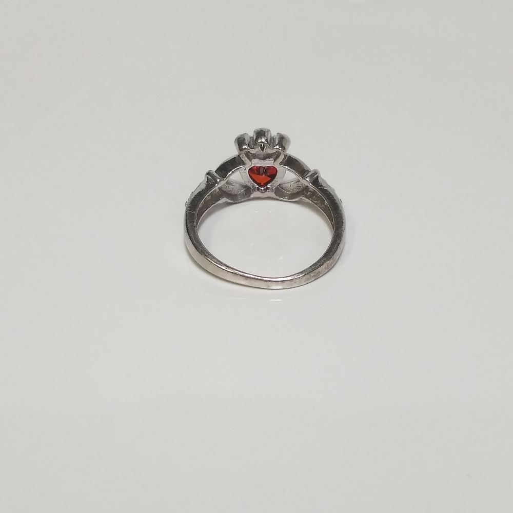 Sterling Silver Garnet Stone Claddagh Ring - Picture 3 of 7